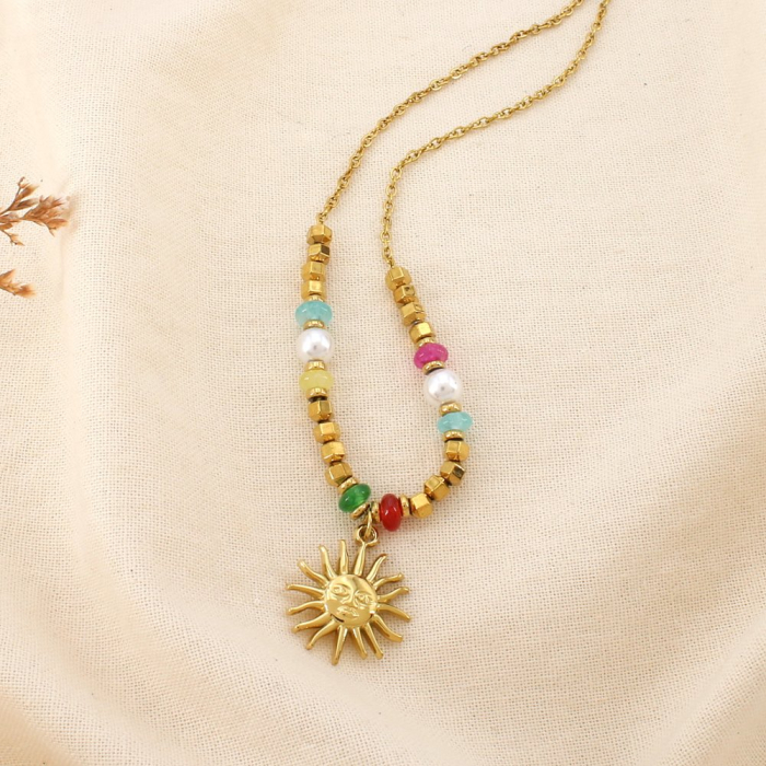 Collier soleil acier inox pierre perle acrylique 0126194 multi
