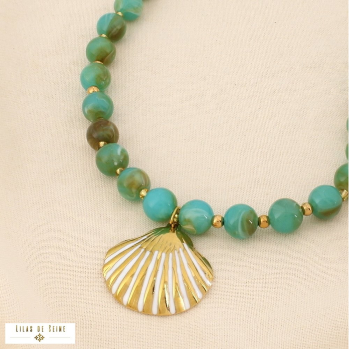 Collier acier inox résine marbrée bille coquillage 0126203 bleu turquoise