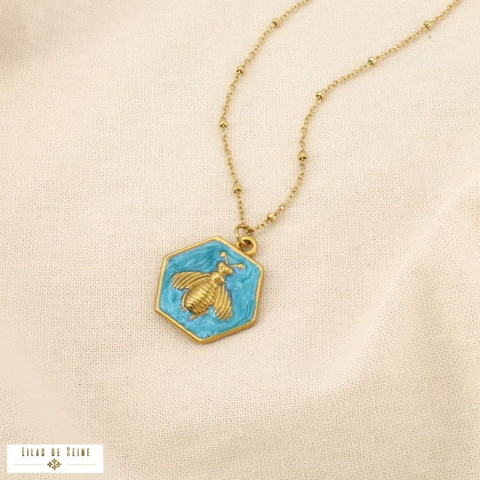 Collier acier inox émail marbré abeille hexagonal 0126204 bleu turquoise