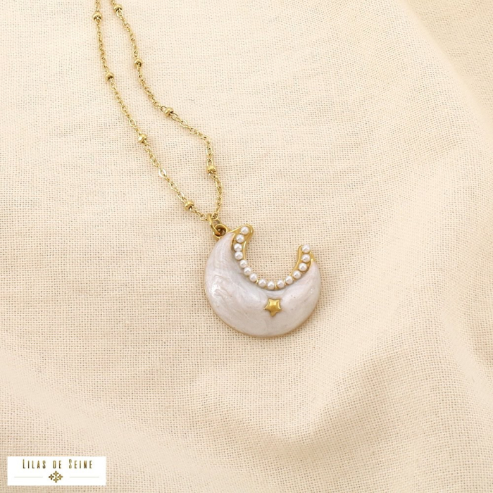 Collier acier inox émail marbré lune étoile perle 0126205 naturel/beige