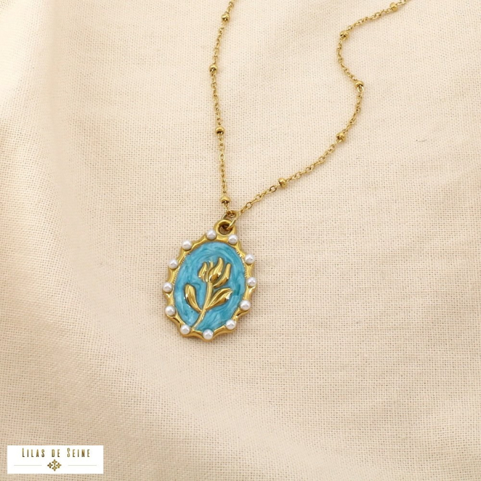 Collier acier inoxydable émail marbré floral perle 0126206 bleu turquoise