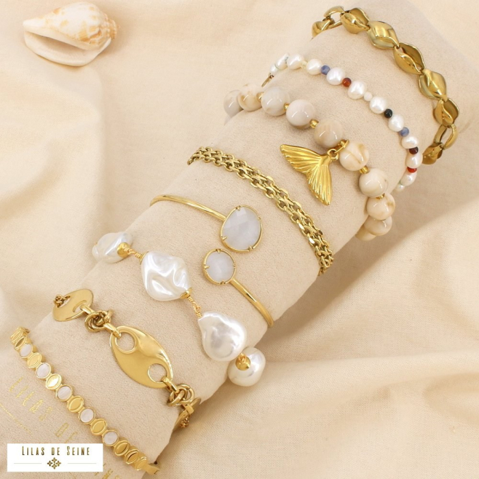 Ensemble 8 bracelets acier perle résine verre 0226252 naturel/beige