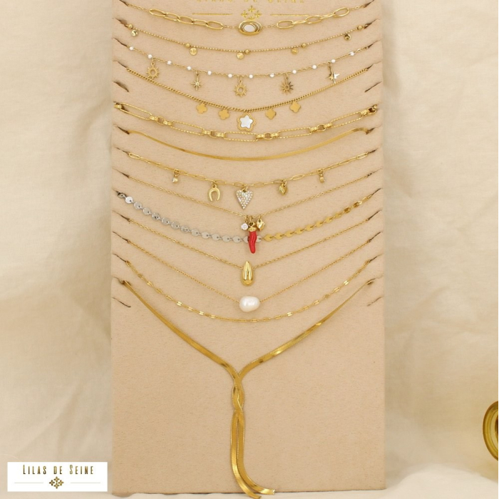Ensemble 10 colliers acier perle strass nacre émail 0126209 doré