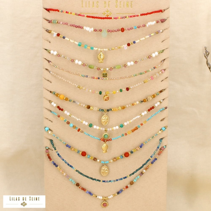 Ensemble 12 colliers acier pierre cristal perle 0126217 multi