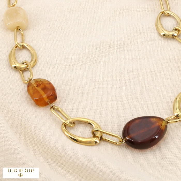 Collier acier inoxydable résine marbrée maillons 0126152 marron