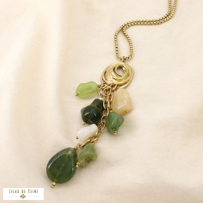Collier Sautoir acier inoxydable résine marbrée 0126159 vert