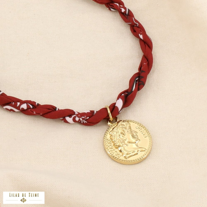 Collier acier polyester torsadé monnaie antique 0126587 rouge bordeaux