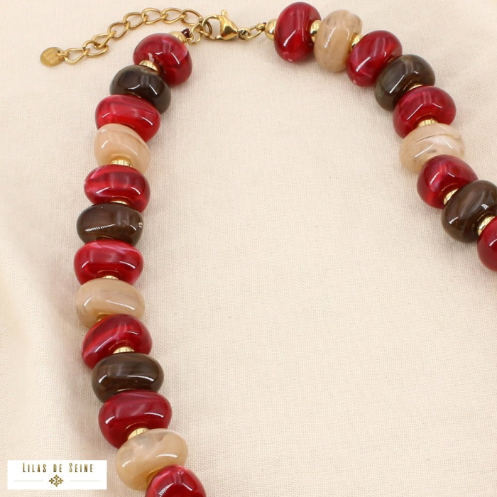 Collier acier inoxydable résine marbrée multicolore 0126538 rouge bordeaux