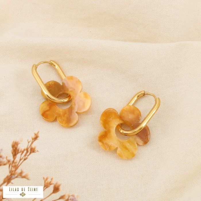 Boucles d'oreilles créoles acier inox fleur résine colorée 0325067 cognac