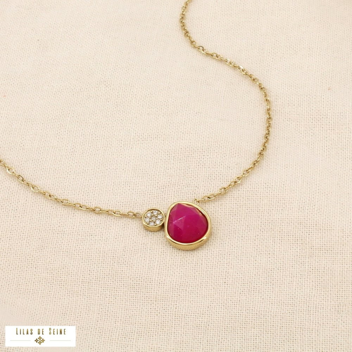 Collier acier inox pierre colorée facettée strass 0126155 fushia