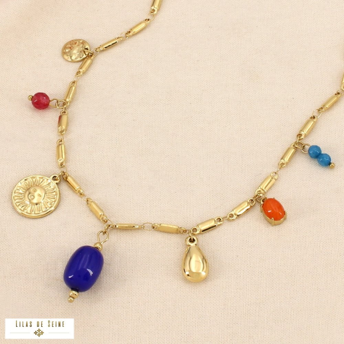 Collier acier inox pierre colorée breloques soleil 0126516 multi