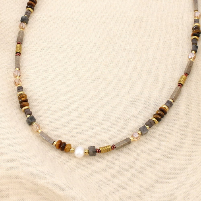 Collier acier pierre cristal perle d’eau douce 0126565 gris foncé