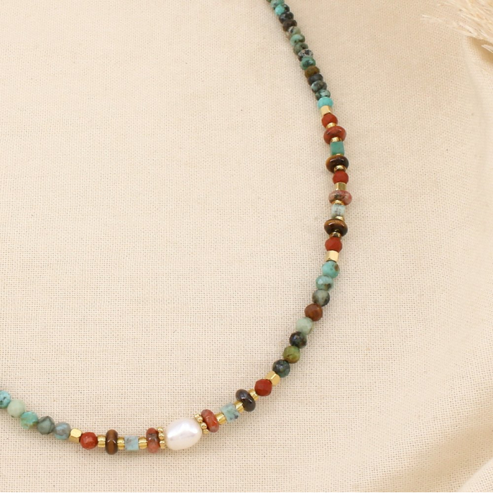 Collier acier pierres facettées perle d’eau douce 0126569 vert foncé