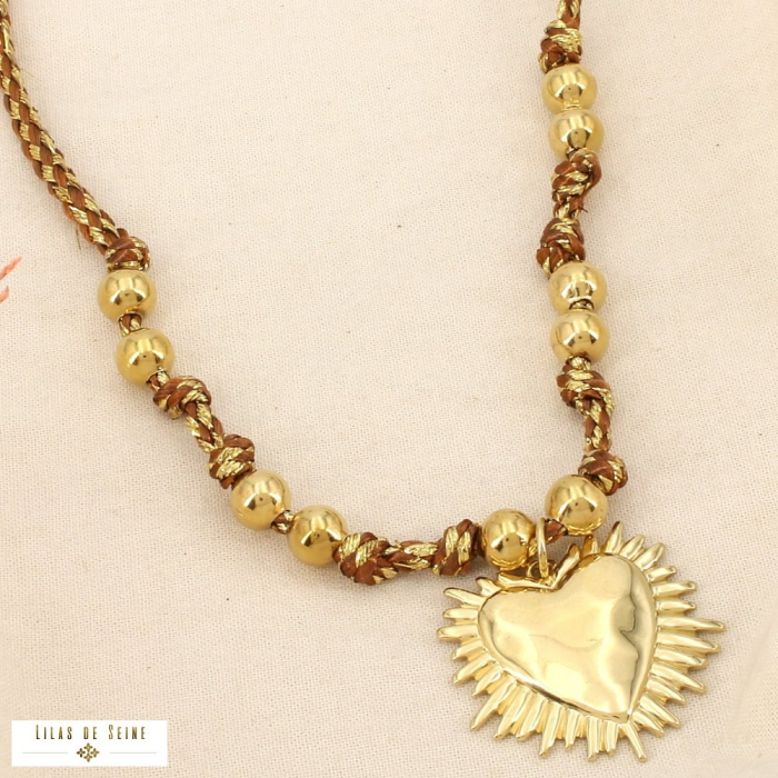 Collier acier inox cœur rayonnant cordon tressé nœud 0126590 marron