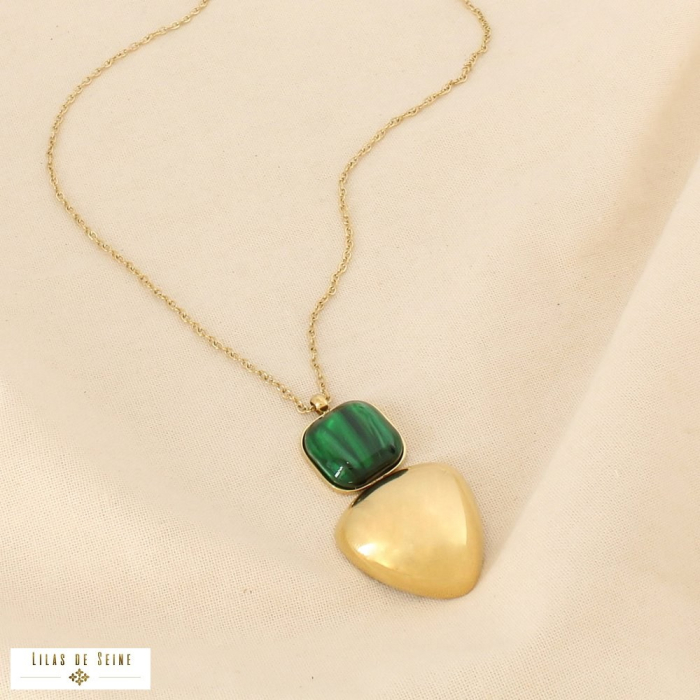 Collier SAUTOIR acier résine pendentif graphique 0126512 vert