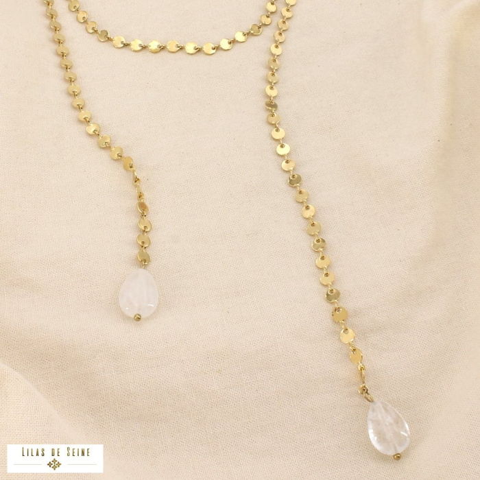 Collier SAUTOIR acier inox pierre pendentifs goutte 0126503 blanc