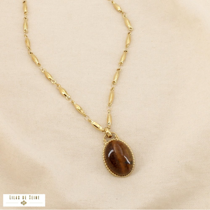 Collier acier inoxydable pendentif pierre ovale 0126514 marron