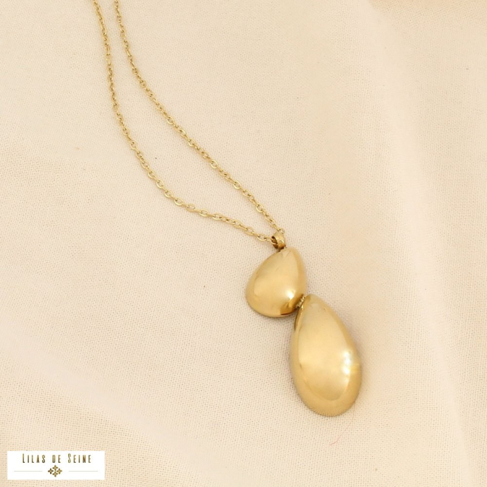 Collier mi-long acier inox pendentif double goutte 0126501 doré