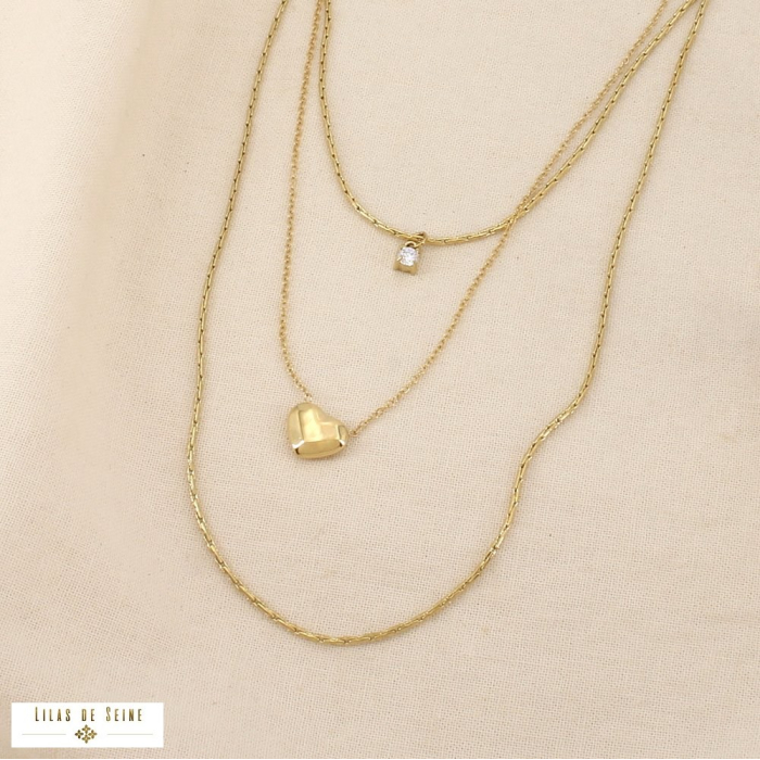 Collier multirang acier inoxydable cœur stras 0126505 doré