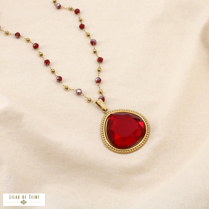 Collier SAUTOIR acier bille verre cristal facetté 0126537 rouge bordeaux