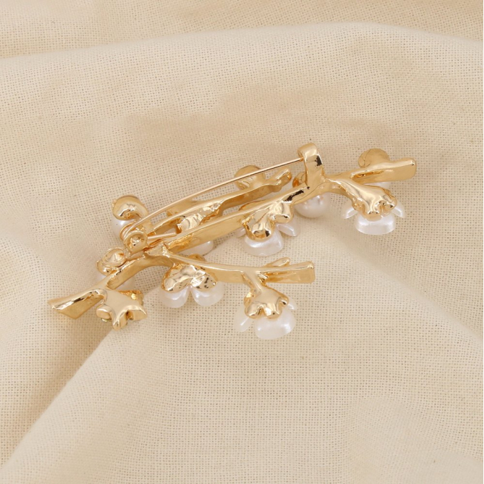 Broche épingle métal fleur perle acrylique strass 0526525 doré