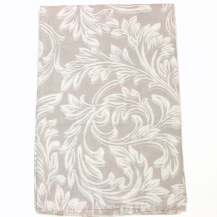 Foulard viscose motif feuillage baroque bord frangé 0726553 taupe