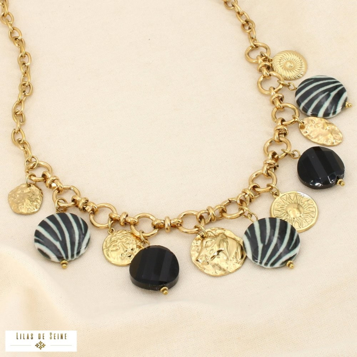 Collier acier cristal résine breloques motif zèbre 0126536 noir