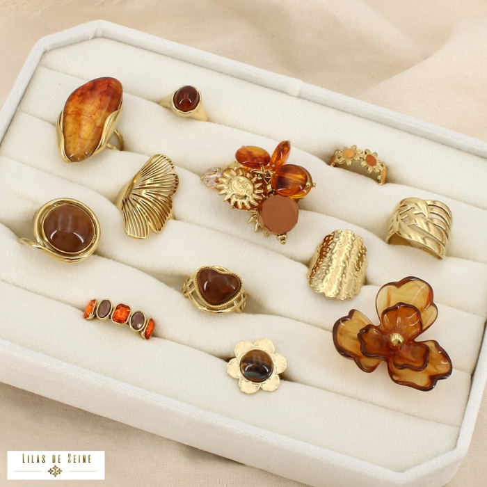 Ensemble 12 bagues ouvertes acier inox nuance camel 0426545 cognac