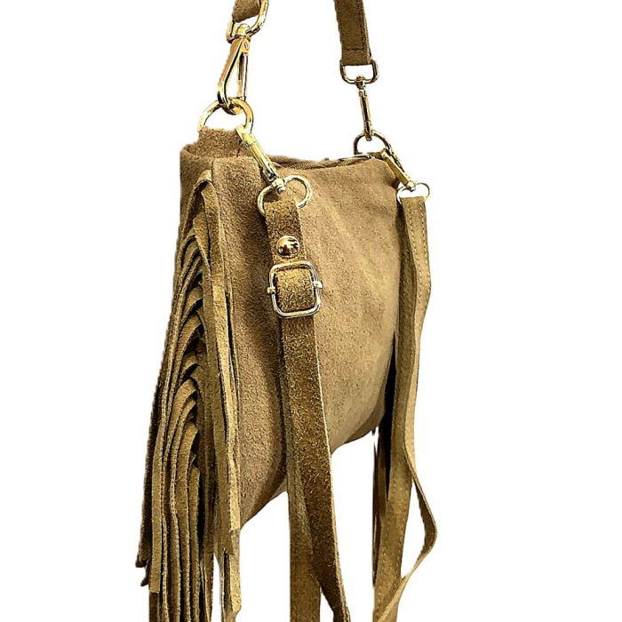Sac porté épaule cuir véritable façon daim franges 0925510 beige