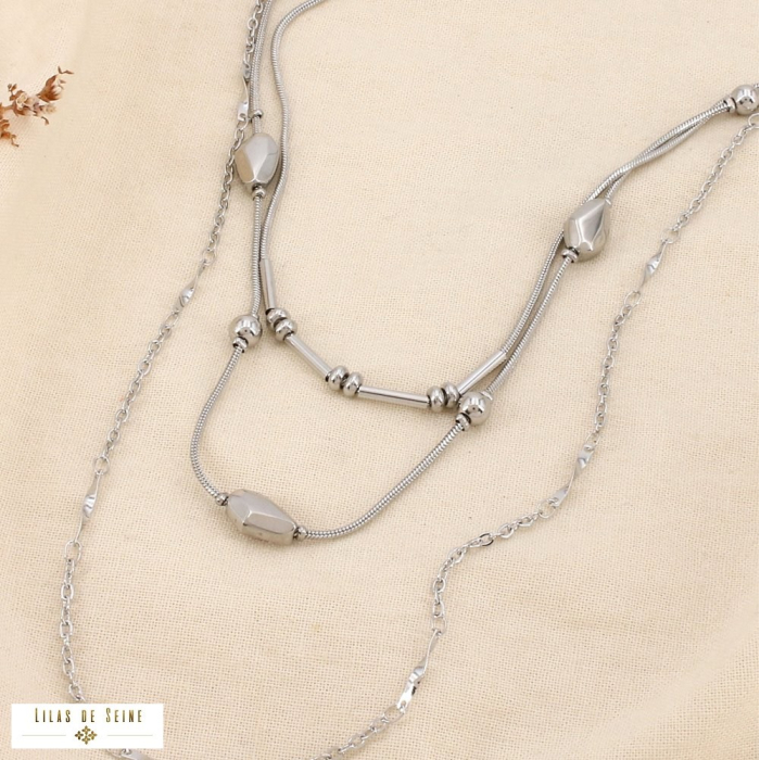 Collier triple rang acier inoxydable géométriques 0126506 argenté