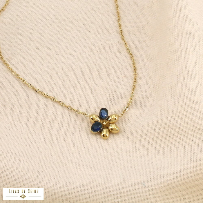 Collier acier inoxydable cristal minimaliste fleur 0126556 bleu foncé