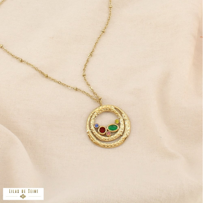 Collier SAUTOIR acier cristal strass martelé cercles 0126558 multi