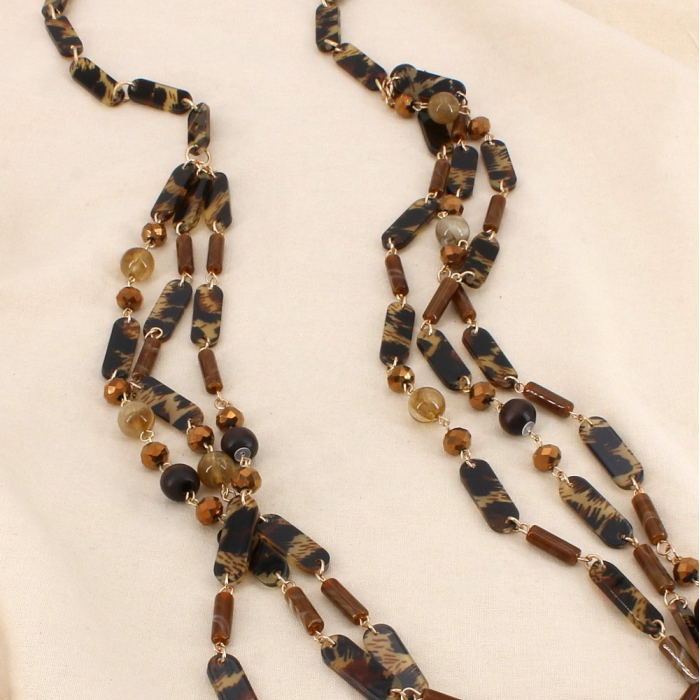 Collier SAUTOIR multirangs métal résine léopard 0126548 marron