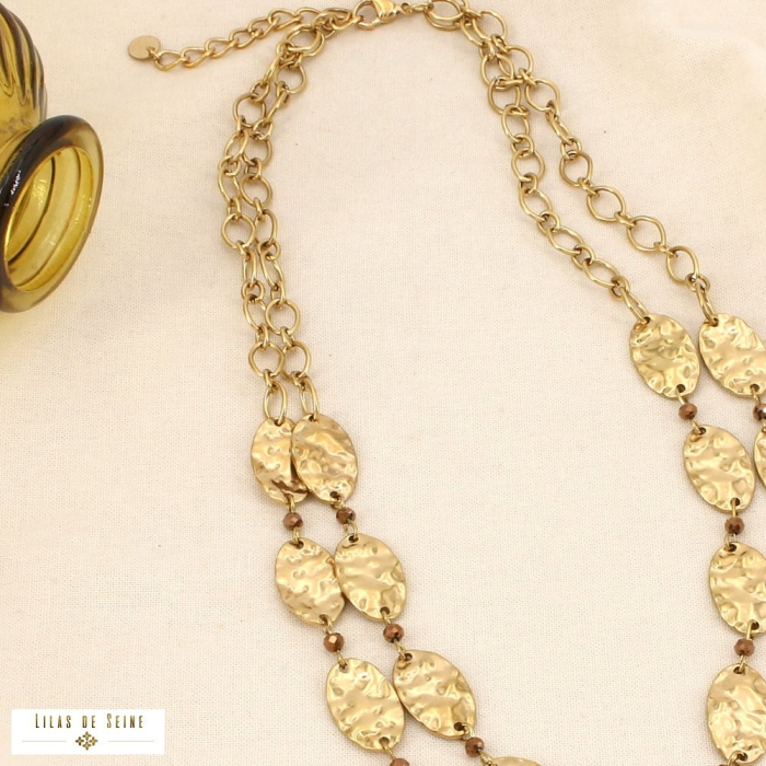 Collier double rang acier cristal médaillon martelé 0126534 doré rose
