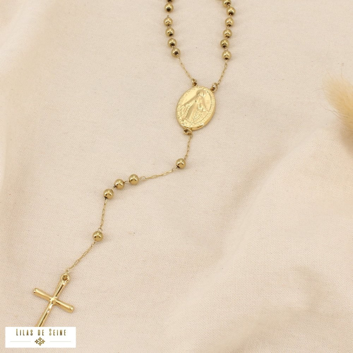 Collier Y chapelet acier billes Vierge Marie croix 0126515 doré
