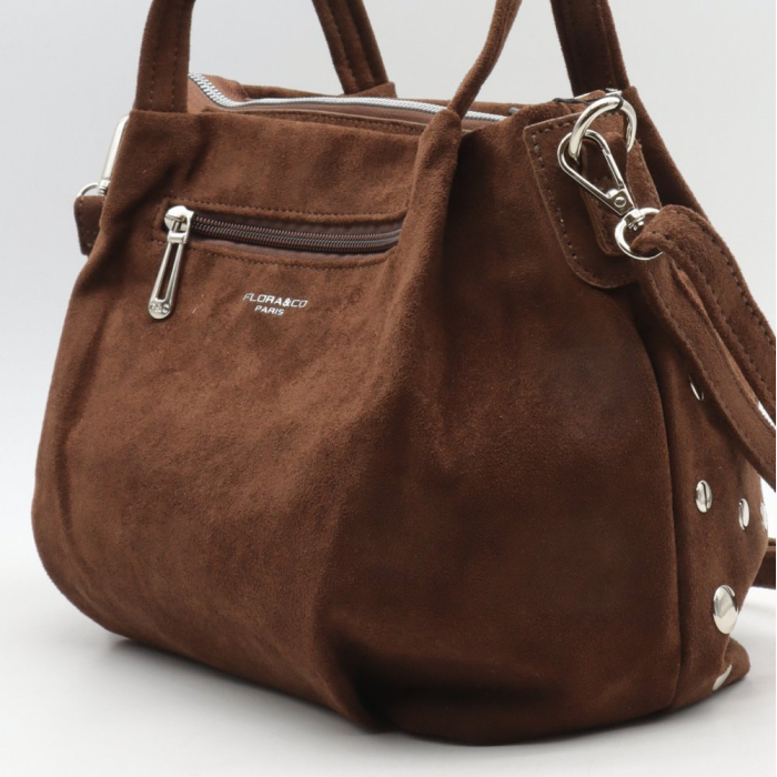 Sac à main Flora&Co simili-cuir daim clous argentés 0926526 marron foncé