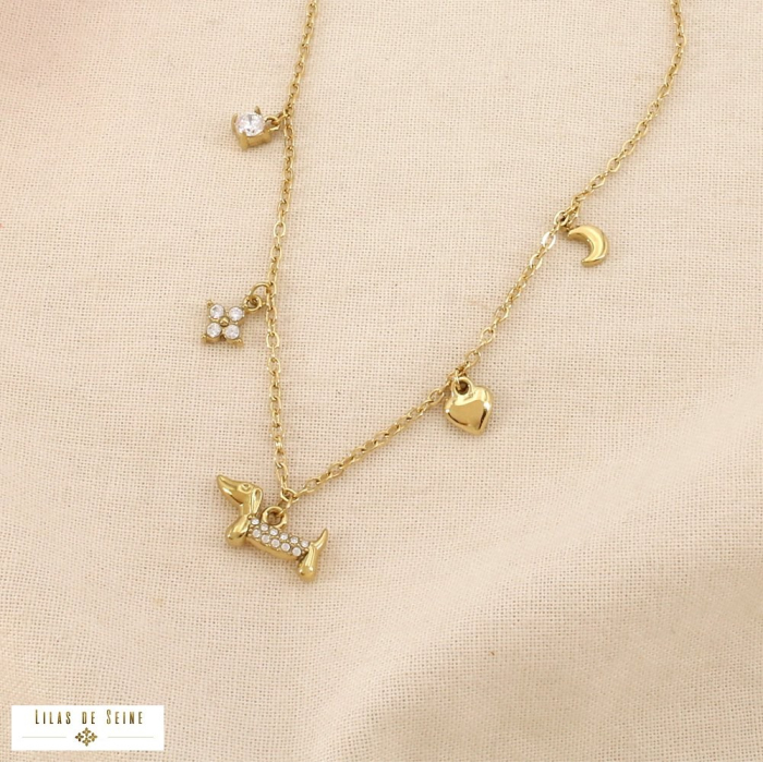 Collier acier strass breloques chien teckel coeur 0126519 doré