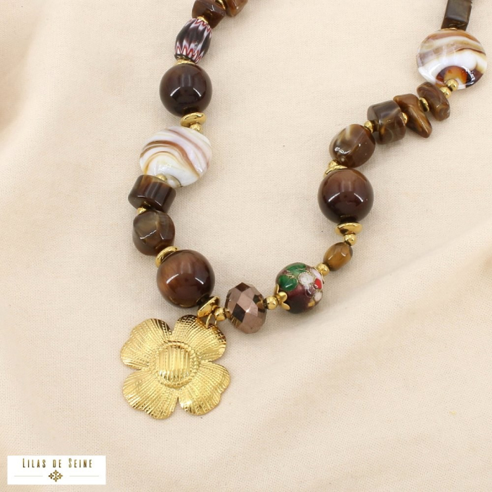 Collier acier floral résine verre émail cristal 0126634 marron