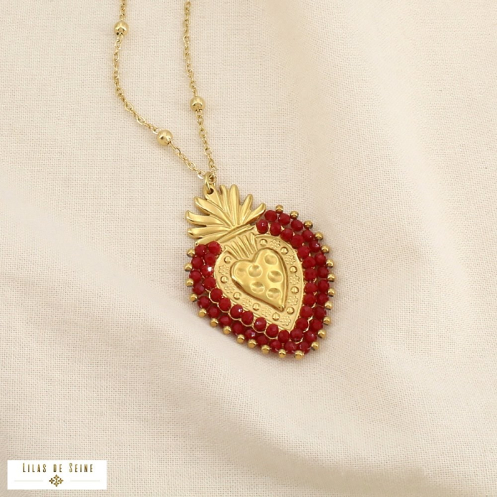 Collier acier pendentif cœur sacré cristaux tissés 0126578 rouge bordeaux